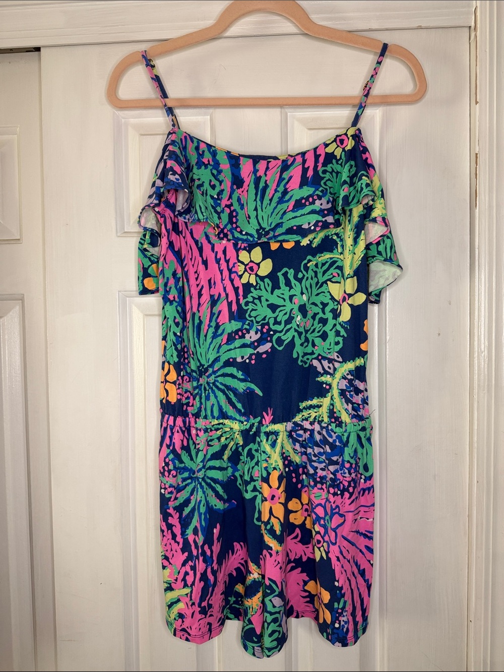 Lilly Pulitzer Navy Floral Off-Shoulder Romper with Pink, Green & Yellow Print